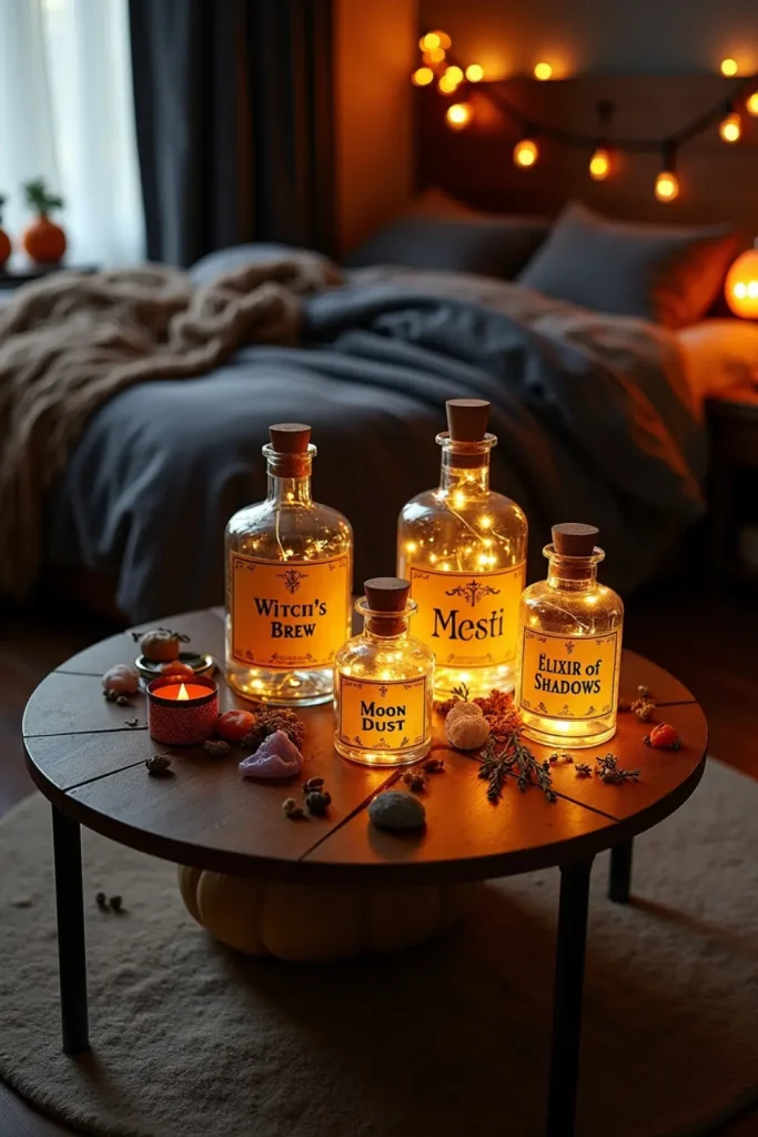 Glowing potion jars on nightstand with witchy labels, cozy textiles, and spooky Halloween bedroom decor.