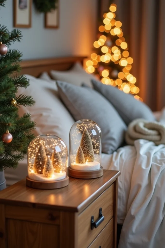 Christmas bedroom with recycled jar snow globes, neutral bedding, eco-friendly cozy holiday decor.