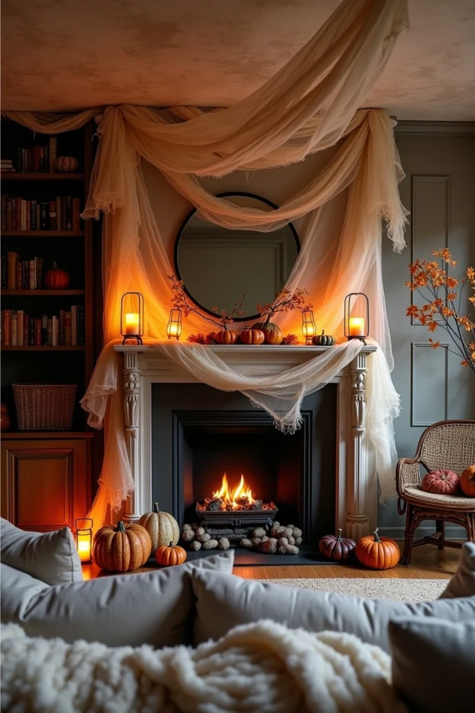 Living room with reusable fabric cobwebs, pumpkins, candles, and cozy eco-friendly Halloween fall decor.