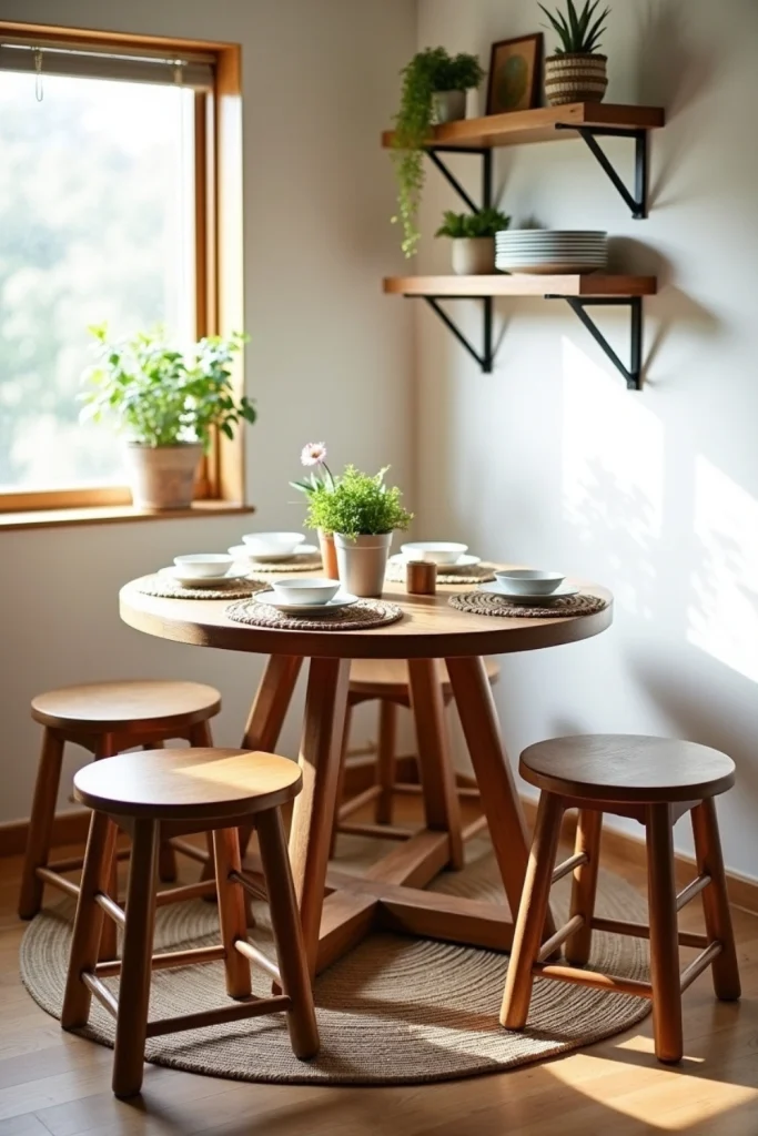 Cozy small dining nook with round wooden table, stackable stools, woven placemats, and plants.