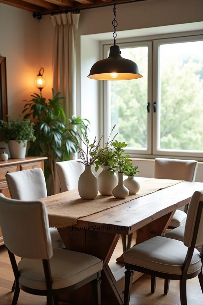 Rustic farmhouse dining room with reclaimed wood table, linen chairs, jute runner, and warm accents.