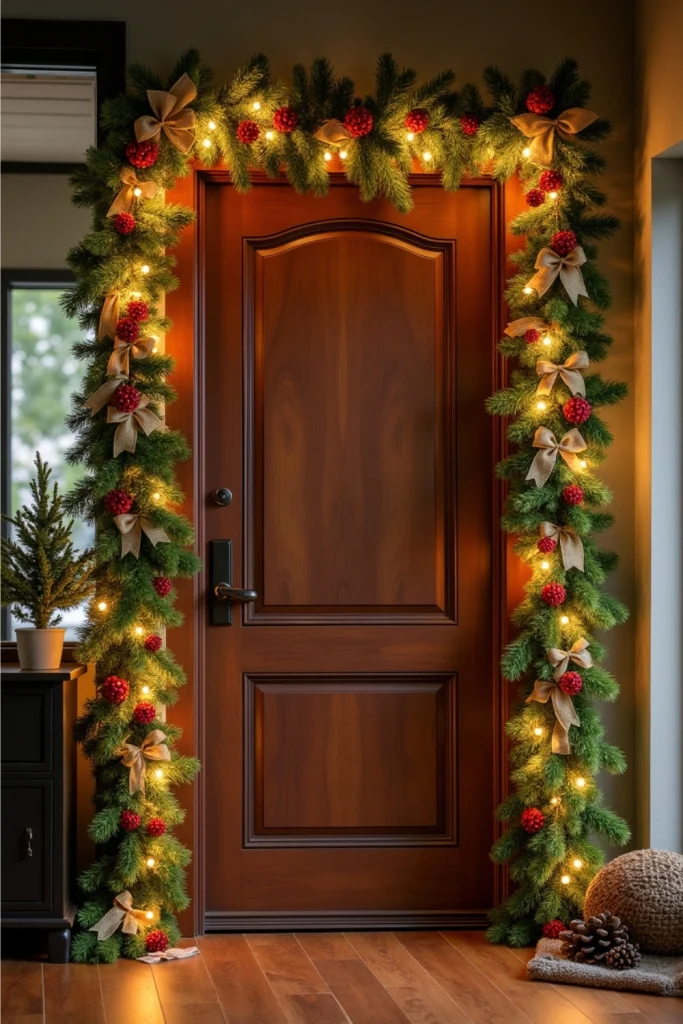 Rustic office door framed with pine garland, red berries, burlap bows, and warm LED lights.