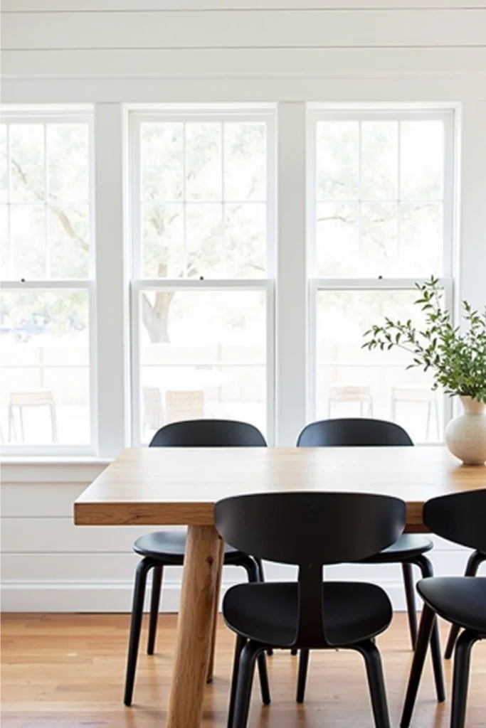 “Modern farmhouse dining room with white shiplap wall, wooden table, and minimalist cozy decor.”