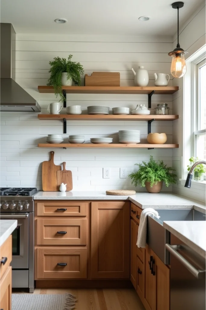 Farmhouse kitchen with white or sage shiplap walls, wooden cabinets, and open shelving for charm.