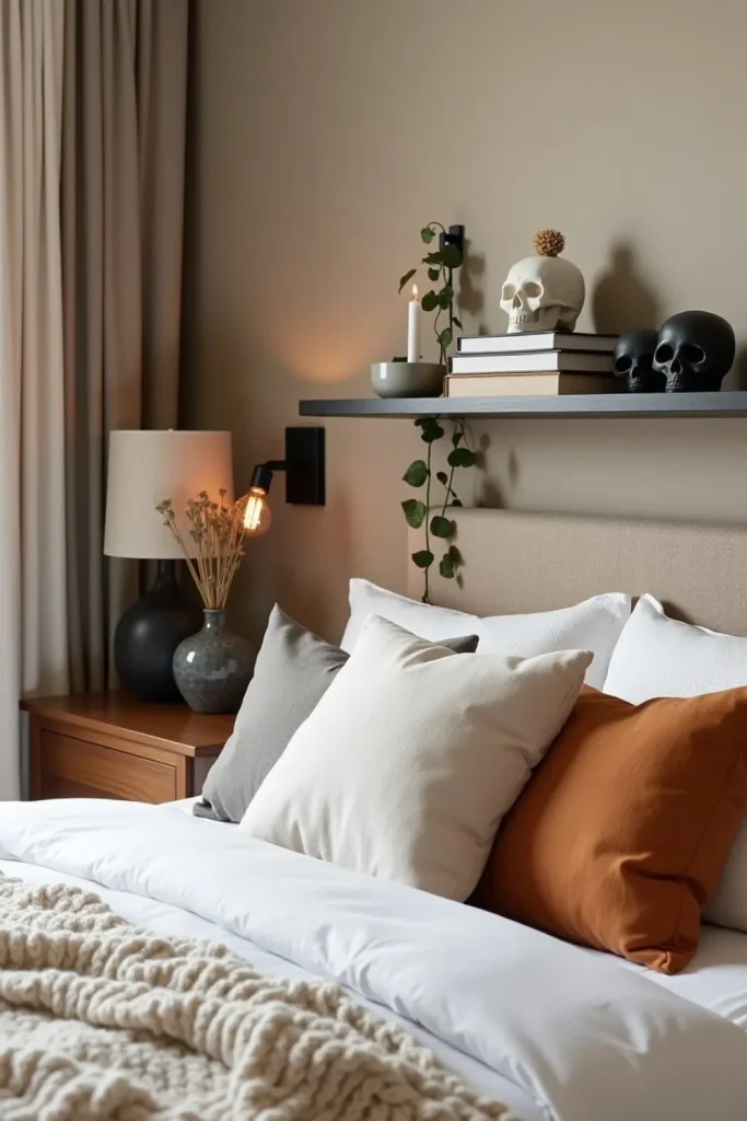Matte ceramic skulls on shelf with soft throws, books, and candles in a cozy, chic Halloween bedroom.