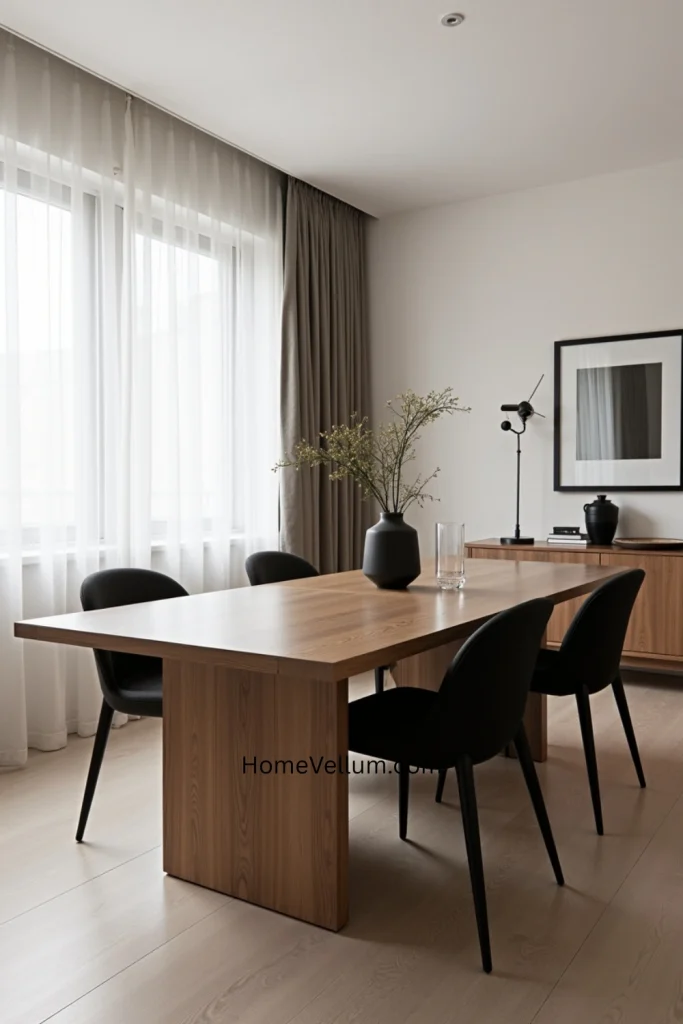 “Modern dining room with sleek oak table, matte black chairs, and a minimalist ceramic vase centerpiece.”