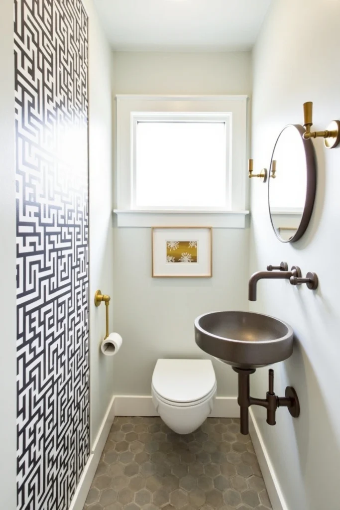 Modern half bath with geometric wallpaper, hexagon floors, pedestal sink, brass sconces, and frosted glass.