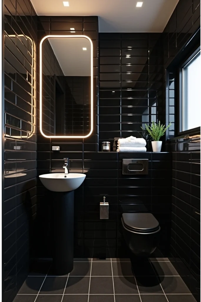 Small bathroom with glossy black tiles, slim pedestal sink, and a large mirror creating a spacious effect