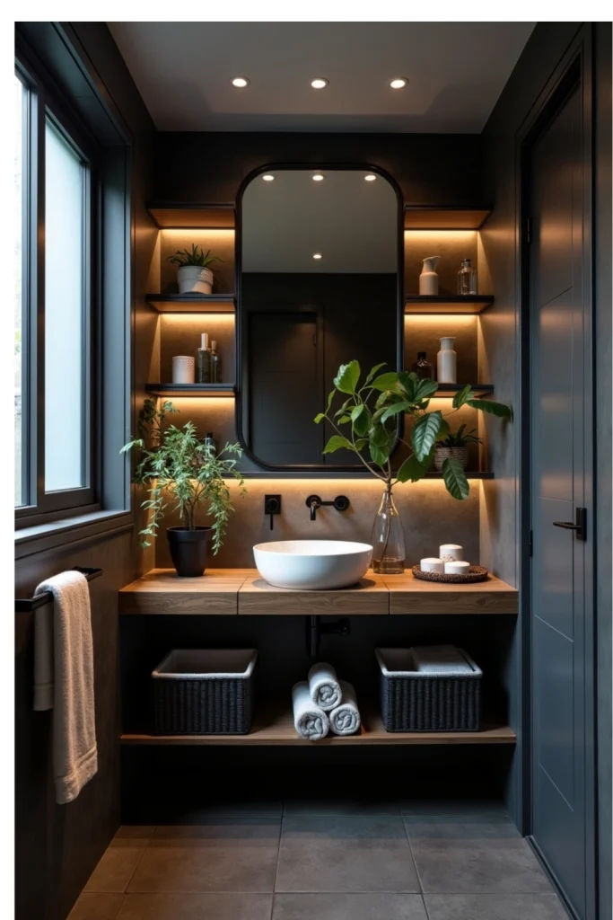 Small black bathroom with large tiles, floating shelves, bamboo baskets, and oversized mirror for space.