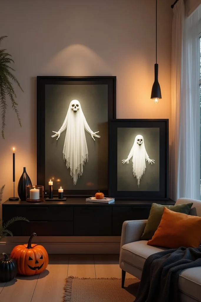 Digital frames cycling ghostly images on a sleek shelf in a modern, techy Halloween room setup.