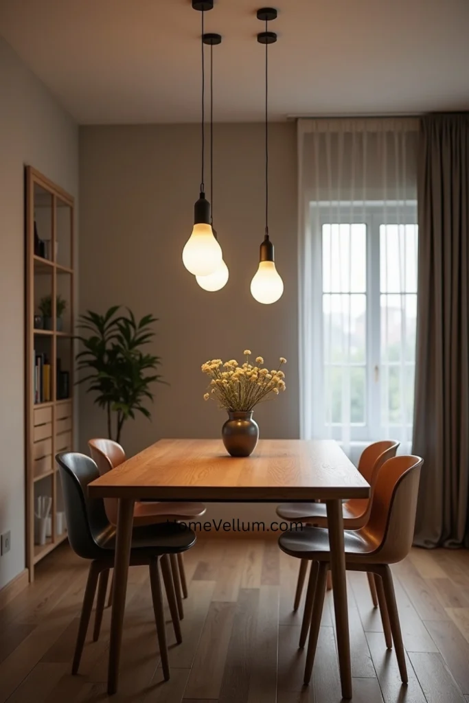 “Dining room with sleek table and dimmable smart pendant lights creating a warm, modern atmosphere.”
