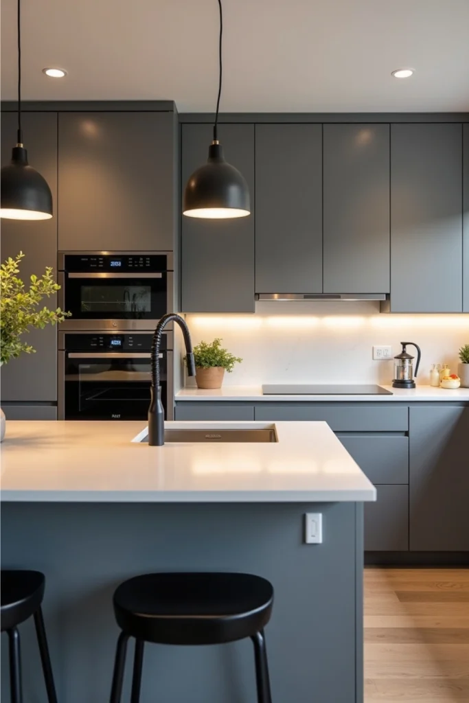 Modern kitchen with smart tech: sensor faucet, app-controlled oven, hidden USB ports, and sleek island.