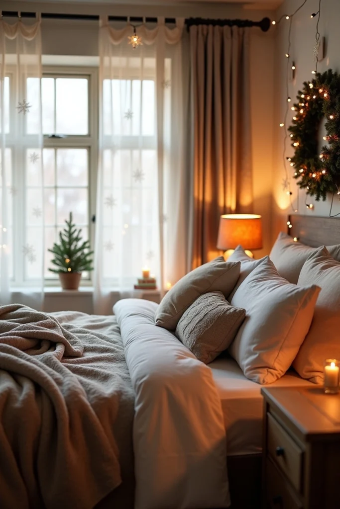 Cozy Christmas bedroom with sheer snowflake curtains, soft bedding, and warm whimsical decor.