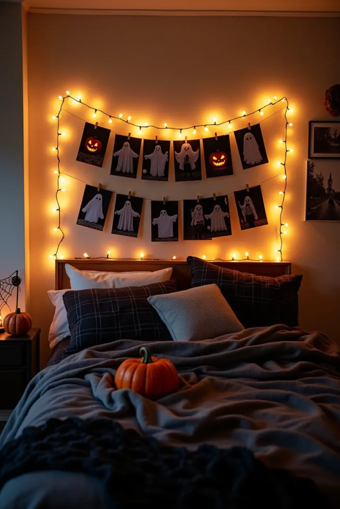 Bedroom with spooky photo wall, fairy lights, black-and-white Halloween photos, and cozy eerie decor.