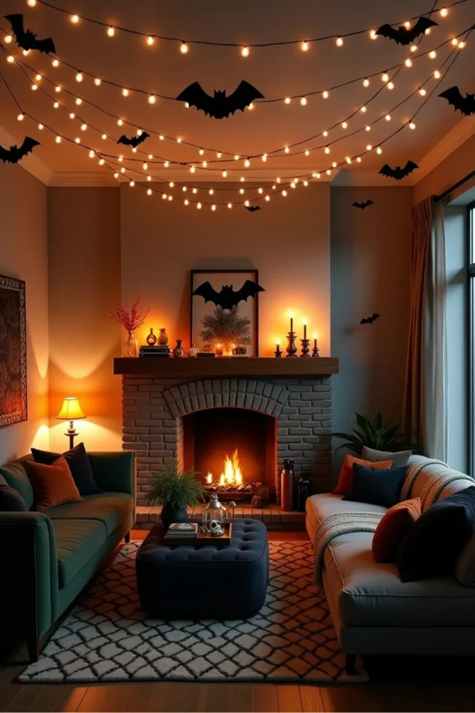 Bat-shaped LED string lights casting shadows above mantel in cozy, moody Halloween living room scene.