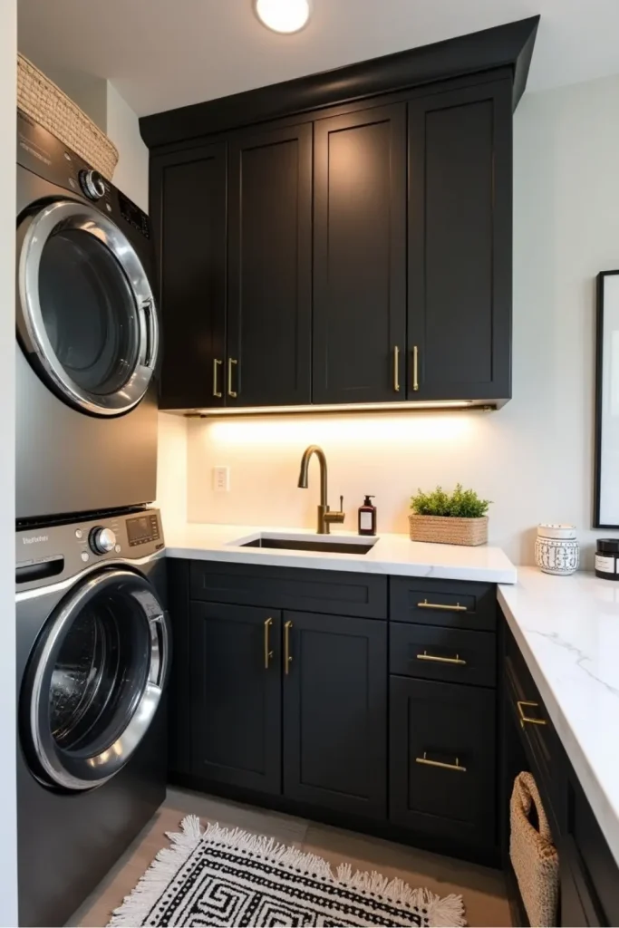 Laundry room with black cabinets, white countertops, brass hardware, and a patterned black-and-white rug.
