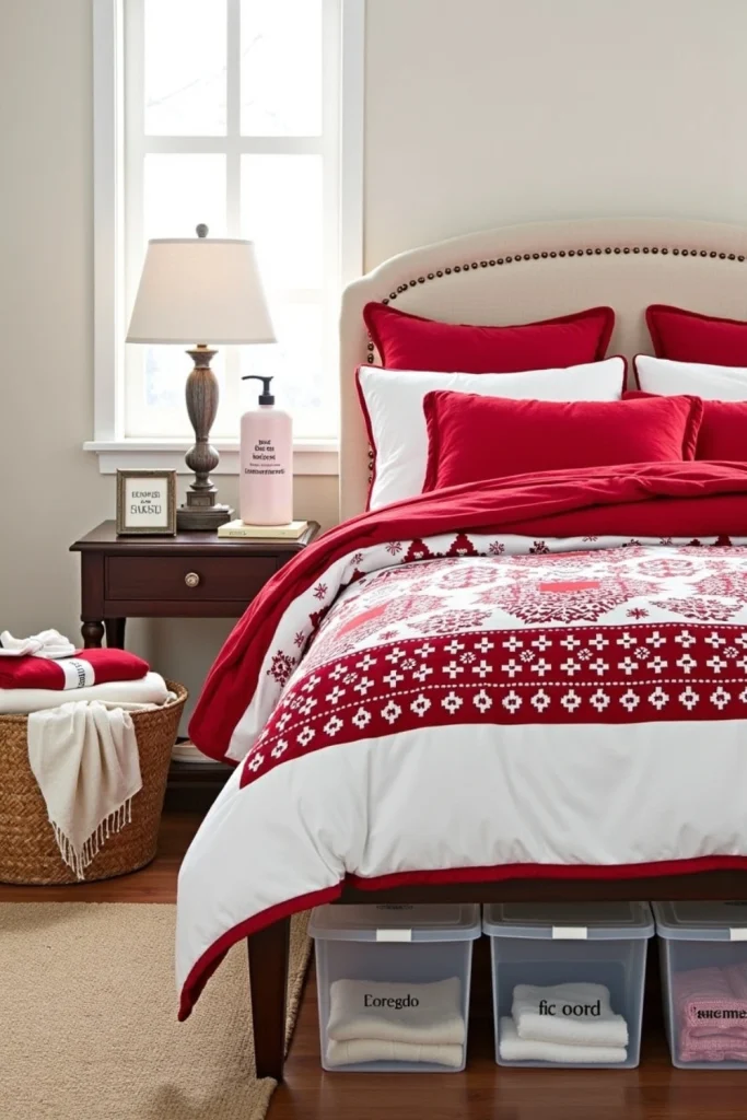 Christmas bedding care with velvet duvet, laundry basket, storage bins, and gentle detergent nearby.