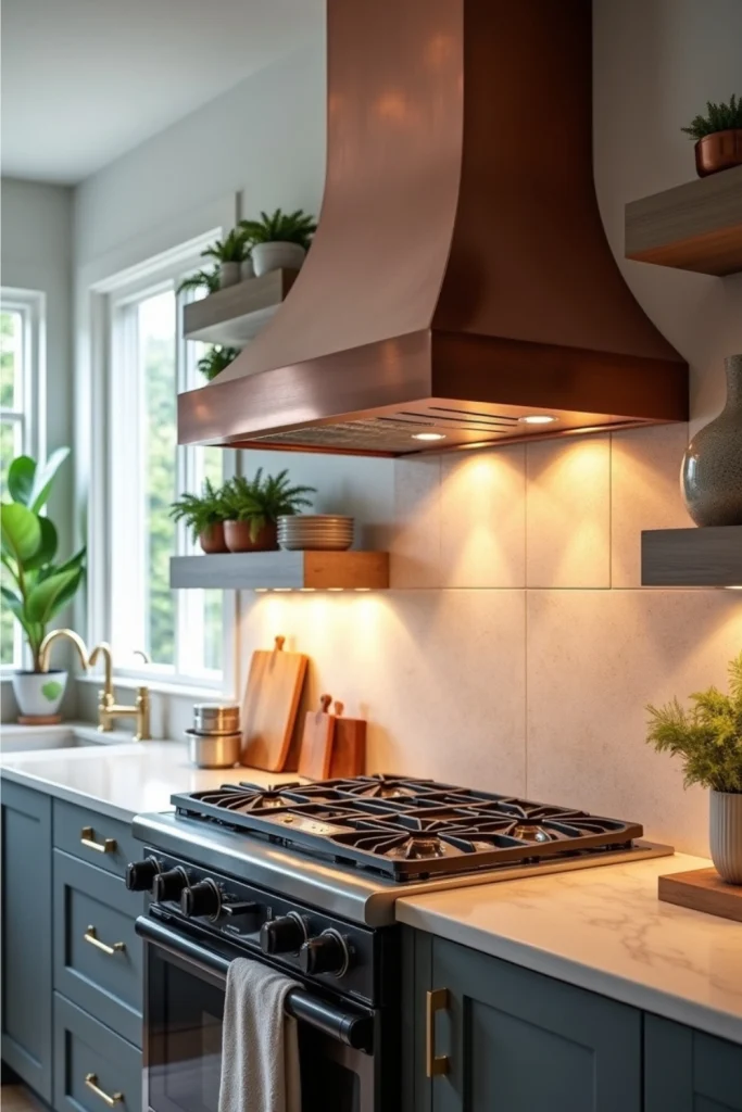 Kitchen with bold copper or stone range hood, built-in lights, and cohesive backsplash design.