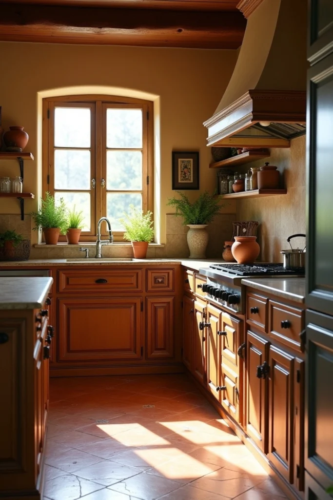 Tuscan rustic kitchen with terracotta tiles, distressed wood cabinets, wrought iron hardware, and herbs.