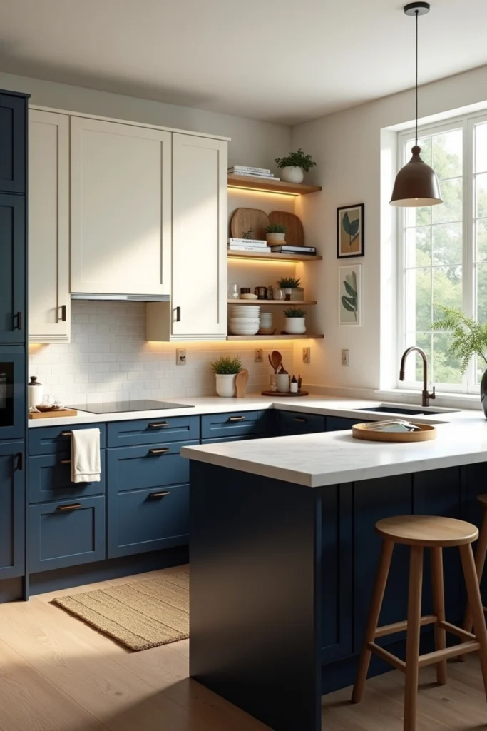 Modern kitchen with light upper and dark lower two-tone cabinets, styled with plants and decor.