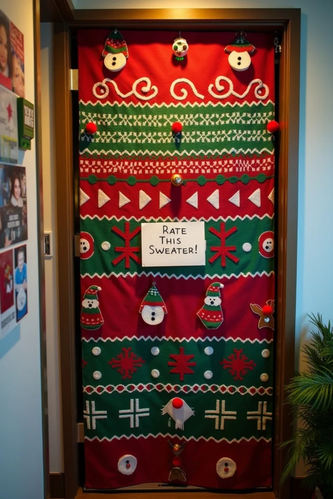 "Office door as ugly Christmas sweater with bold patterns, bells, pom-poms, and voting note."