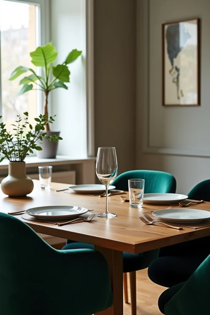 “Elegant dining room with wooden table, emerald and navy velvet chairs, gold accents, and cozy light.”