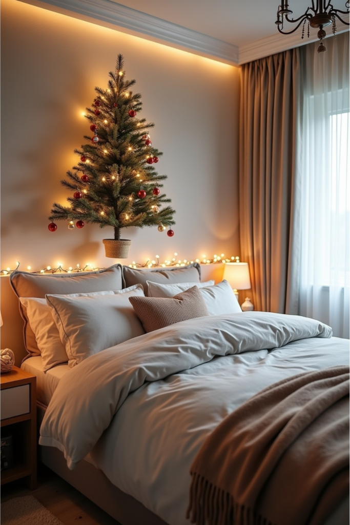 Small bedroom with wall-mounted mini tree, hanging ornaments, neutral bedding, and cozy holiday decor.