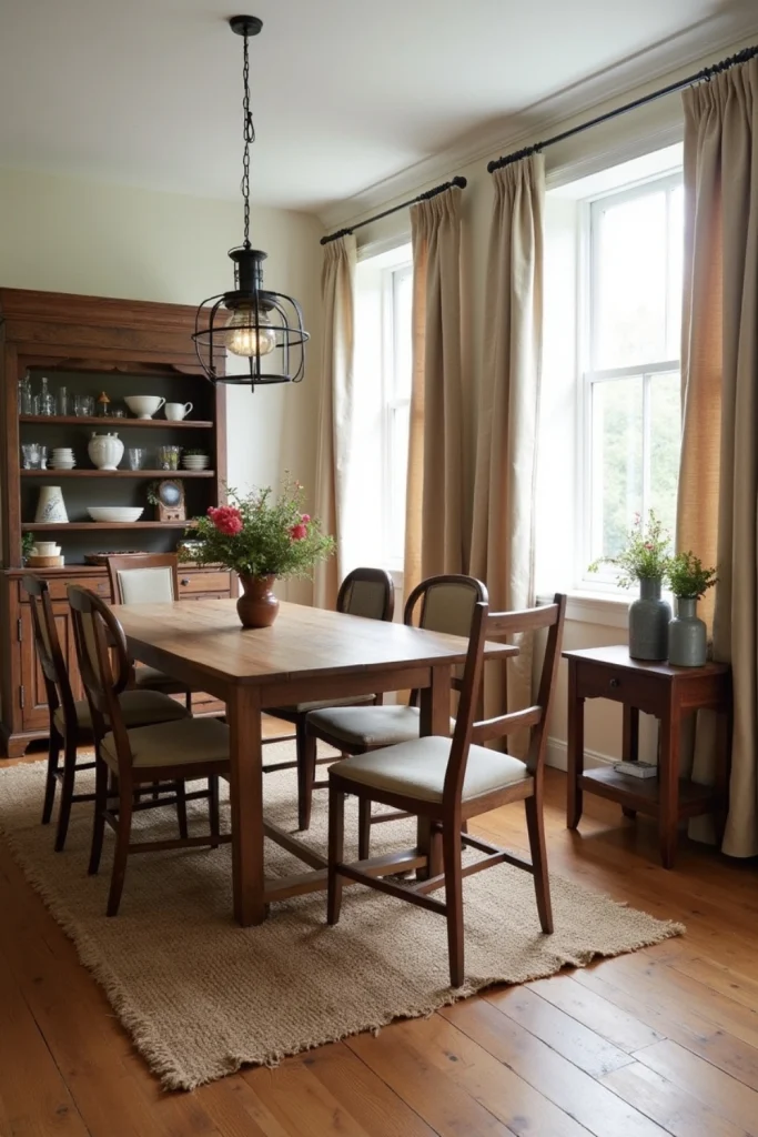 Farmhouse dining room with antique hutch, mix-and-match chairs, galvanized vases, and warm textures.