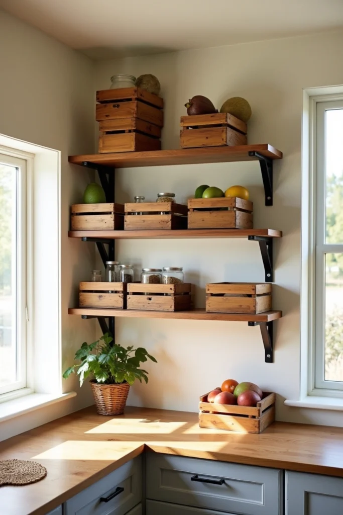 Kitchen shelves with vintage wooden crates, glass jars, linens, produce, wood shelves, and sunlight glow.