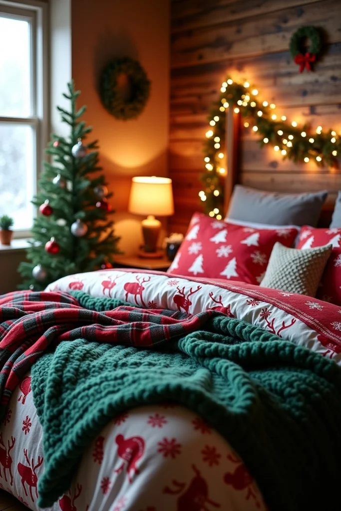 Festive bedroom with red-and-white Christmas bedding, plaid pillows, velvet duvet, and fairy lights.