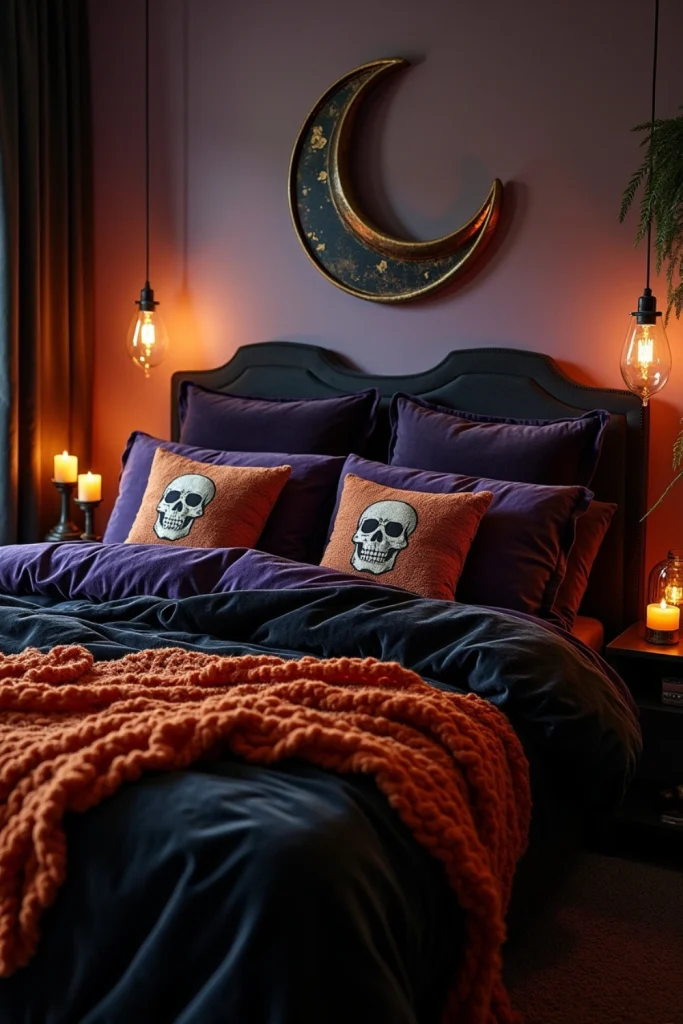 Velvet blankets and skull pillows on bed with crescent moon mirror in a cozy, magical Halloween room.