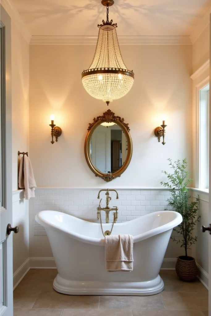 French country bathroom with antique brass chandelier, wall sconces, and cozy rustic accents