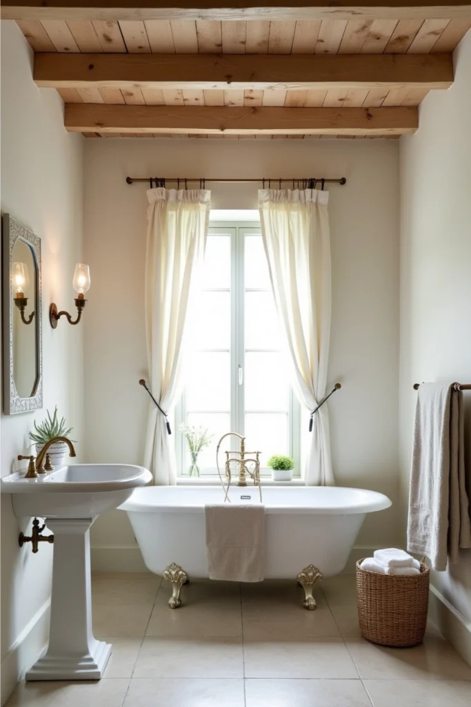 French Country bathroom with exposed wooden beams, clawfoot tub, pedestal sink, and neutral walls.
