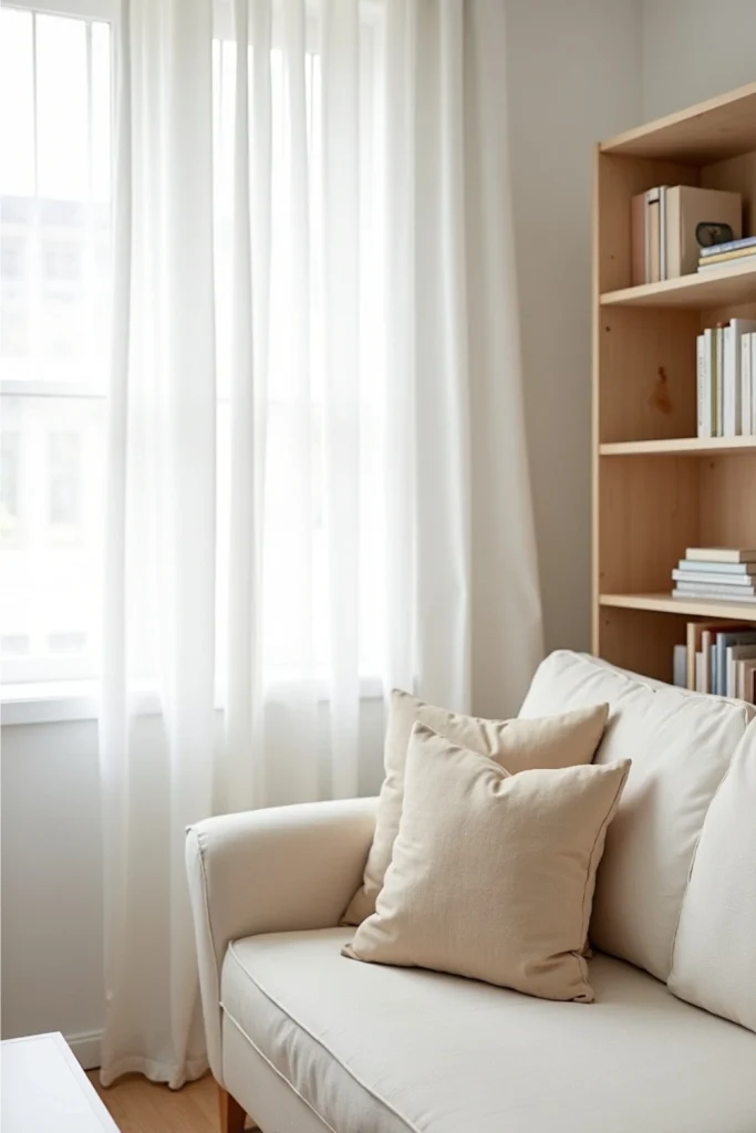 Bright beige and white living room with sheer curtains, light wood bookshelf, sofa, and cozy pillow.