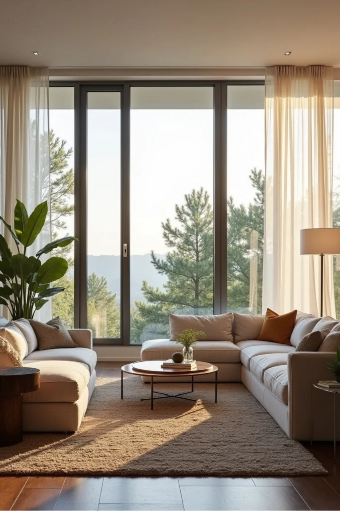 Living room with floor-to-ceiling windows, sheer curtains, neutral sofa, textured rugs, and indoor plants.