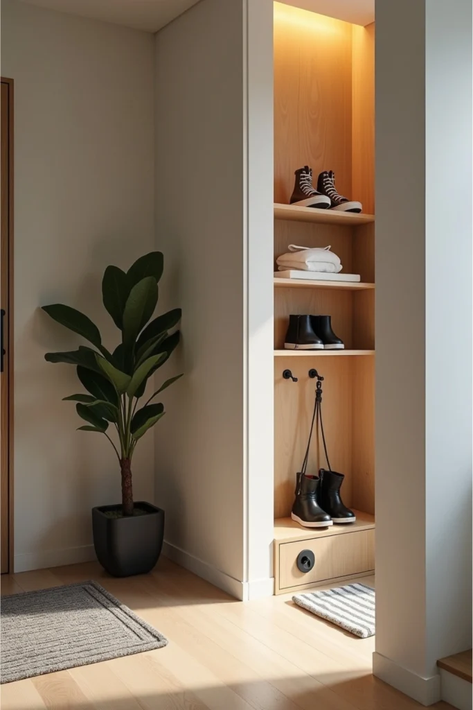 Built-in bamboo shoe rack in small entryway with wall-matched finish and pet leash hook.