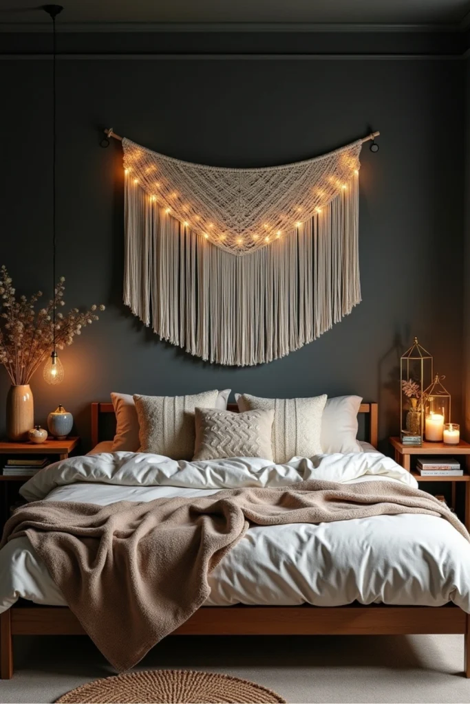 Dark boho bedroom with charcoal walls, oversized macramé, layered bedding, and cozy ambient lighting.