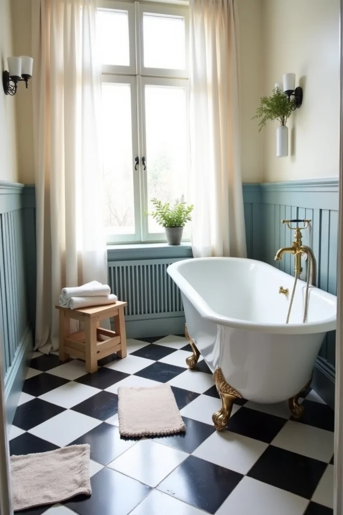 French Country bathroom with black-and-white checkerboard floor, clawfoot tub, and soft pastel walls.