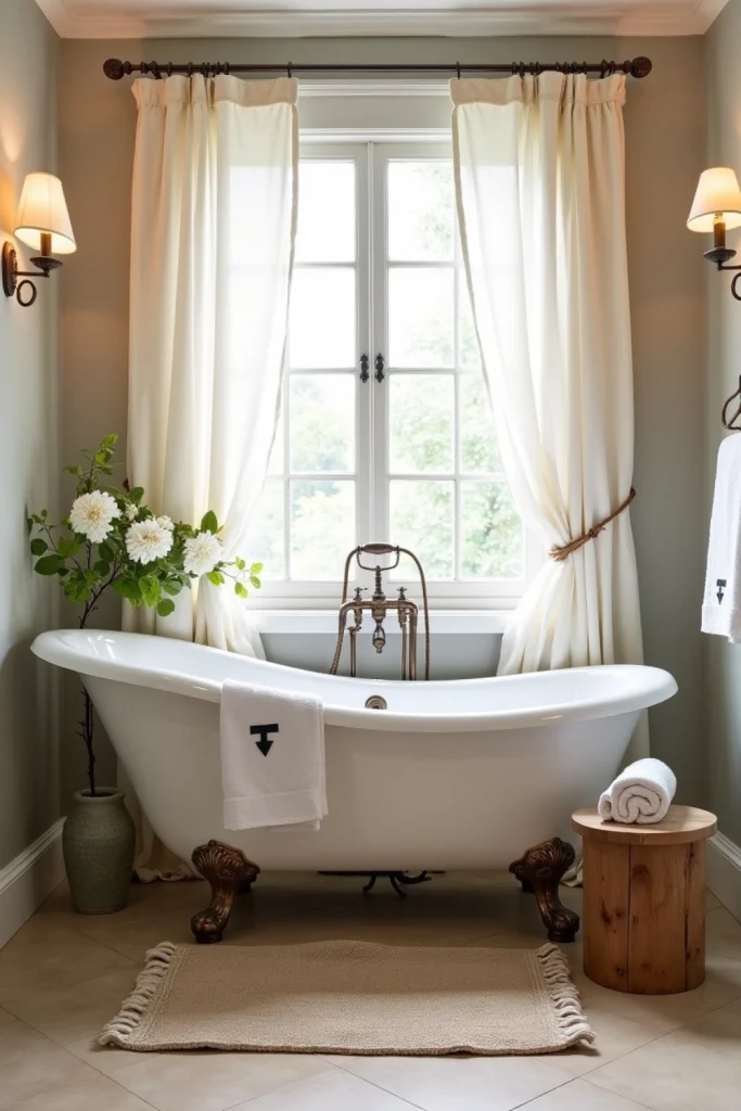 French Country bathroom with white clawfoot tub, antique brass faucet, and soft natural lighting.
