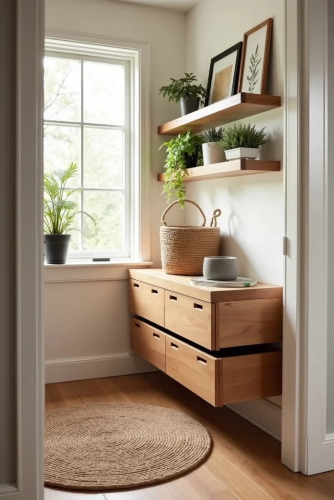 Entryway with recycled wood floating drawers, shelf for plants, and smooth-closing storage solution.