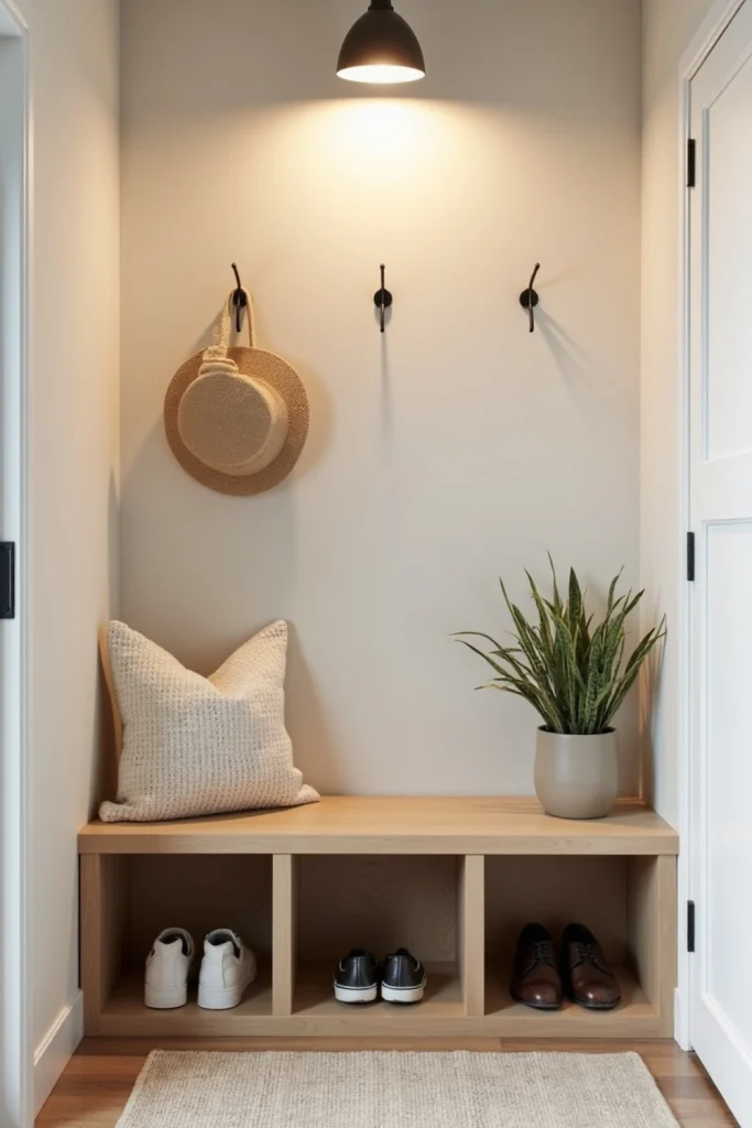 Compact Japandi mudroom nook with fold-down bench, cubbies, motion-sensor lights, and plant.