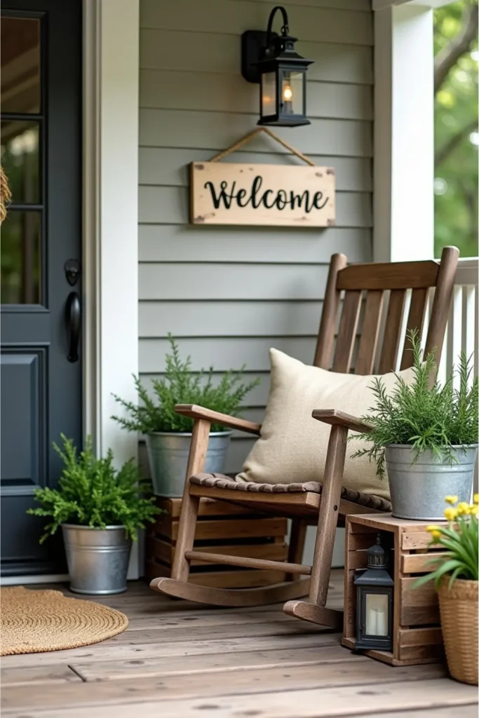Cozy farmhouse porch with rocking chair, jute cushion, herb planters, and barnwood welcome sign.