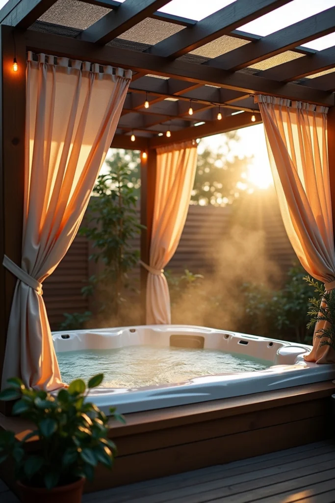 Covered patio hot tub under pergola with curtains, fairy lights, potted plants, and cozy ambiance.