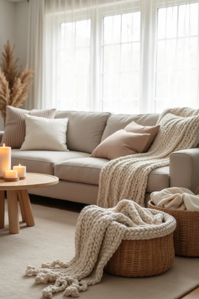 Neutral cozy living room with wool rug, knit throws, plush pillows, candles, and woven baskets.