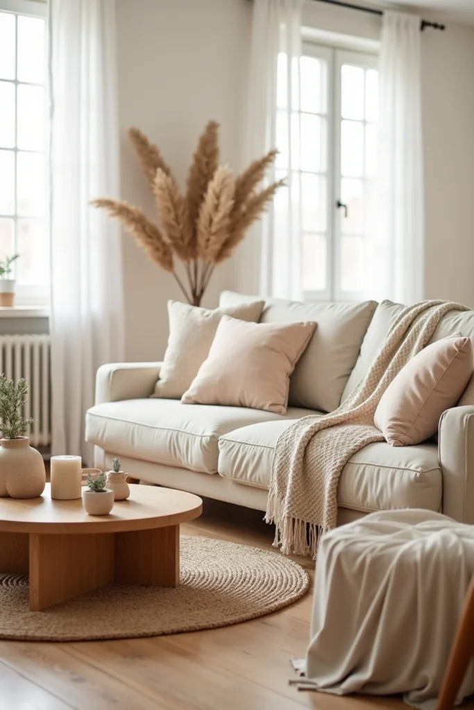 Cozy neutral living room with beige throws, creamy cushions, wooden coffee table, and jute rug.
