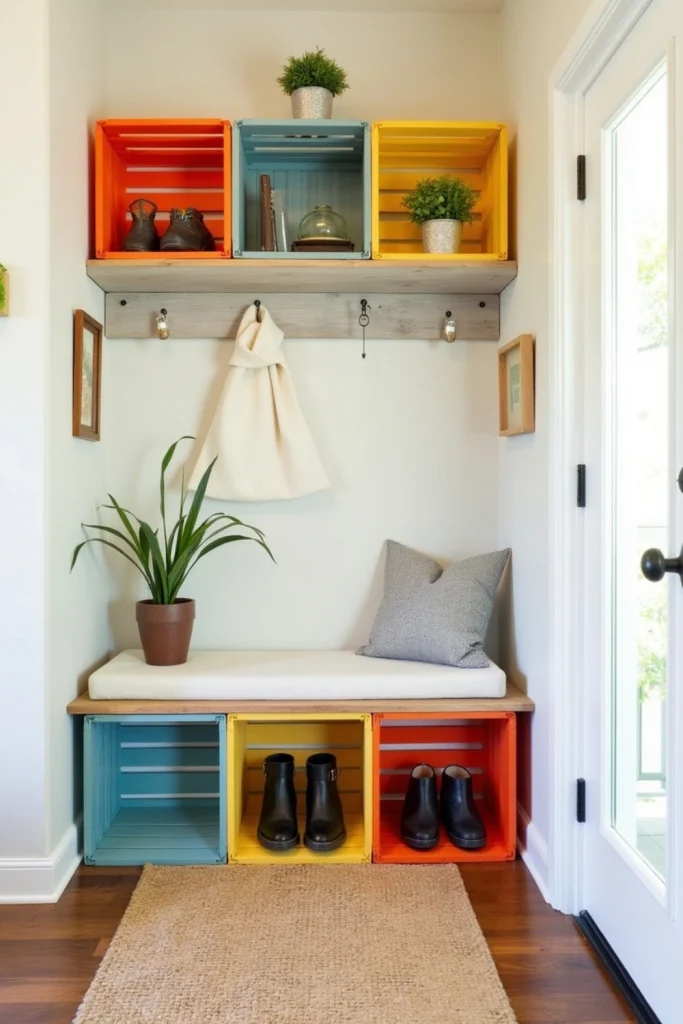 DIY crate shelving entryway with stacked crates, bench top, colorful accents, and wheels for ease.