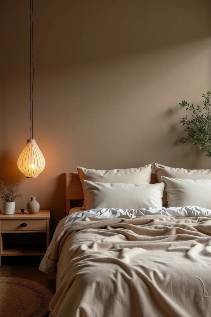 Wabi Sabi bedroom with earthy browns, greens, and beiges on walls, bedding, and decor accents.