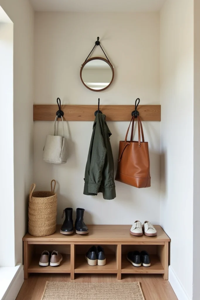 Entryway with black hooks, low wooden shelves, mirror, and drip tray for coat and shoe storage.