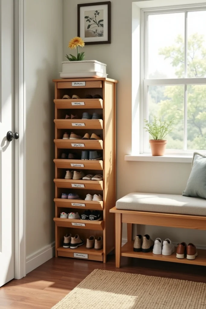 Entryway with stackable bamboo shoe towers, bench, labeled sections, and cozy woven rug.