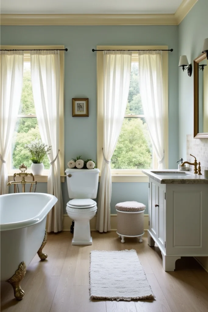 French Country bathroom with deep farmhouse sink, antique brass faucets, and cozy rustic accents.